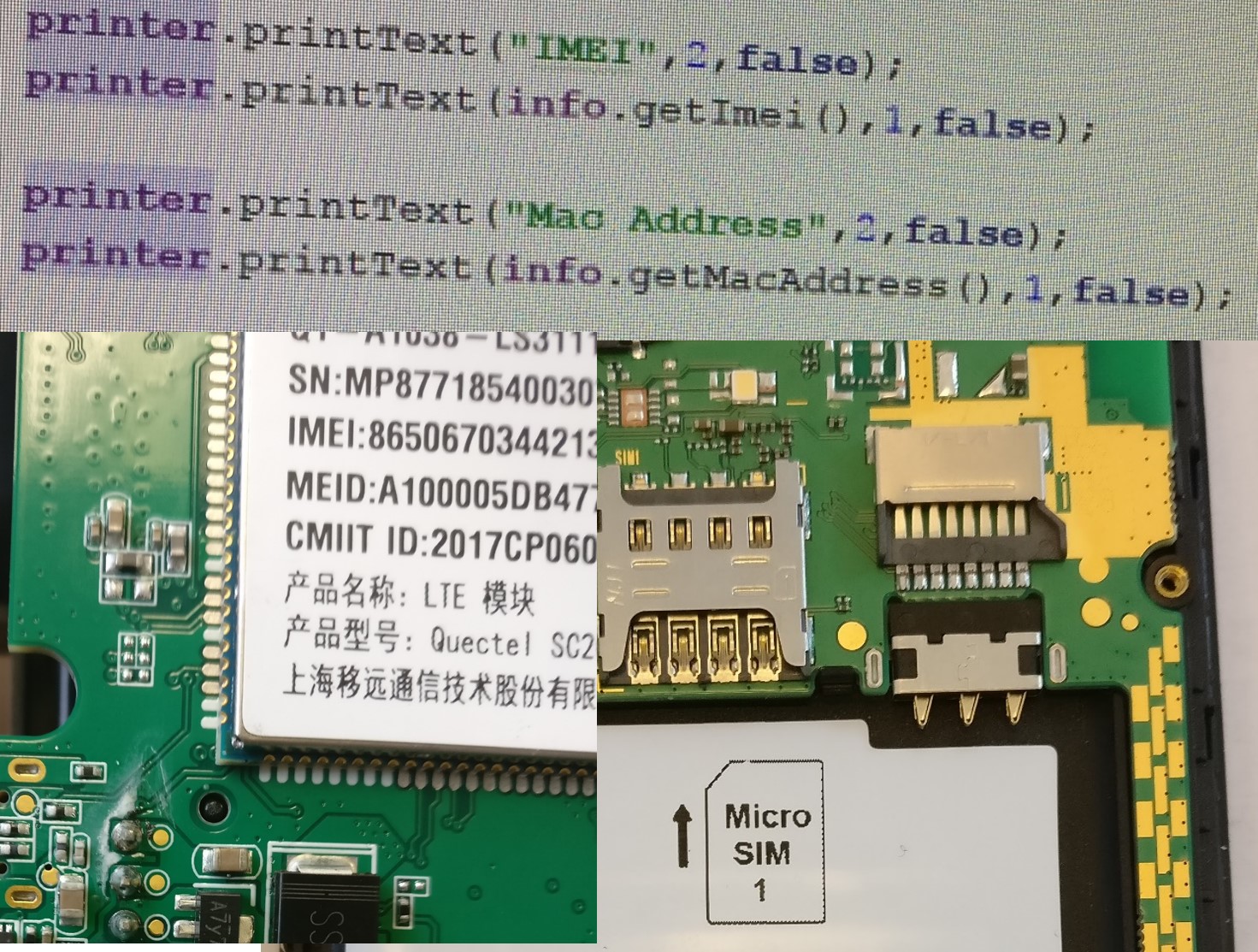 Pictures of IoT components, and code